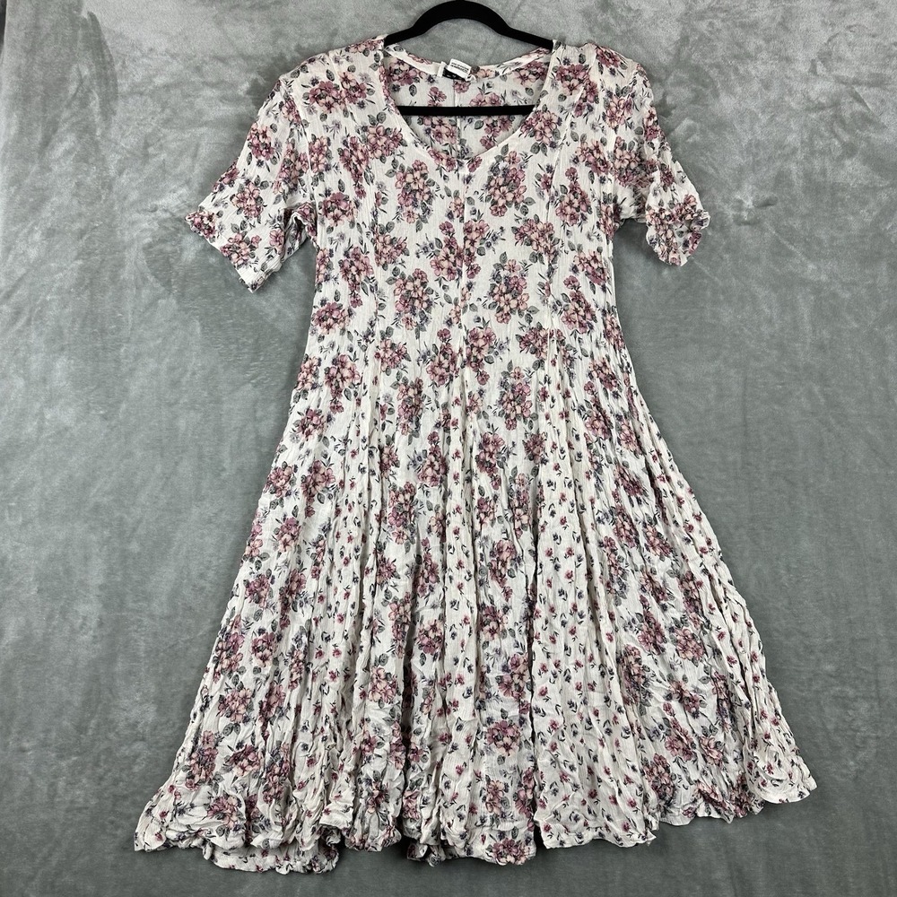 VTG Starina Dress Women's 10 Pink Purple Cream Floral Crinkle Rayon 90's